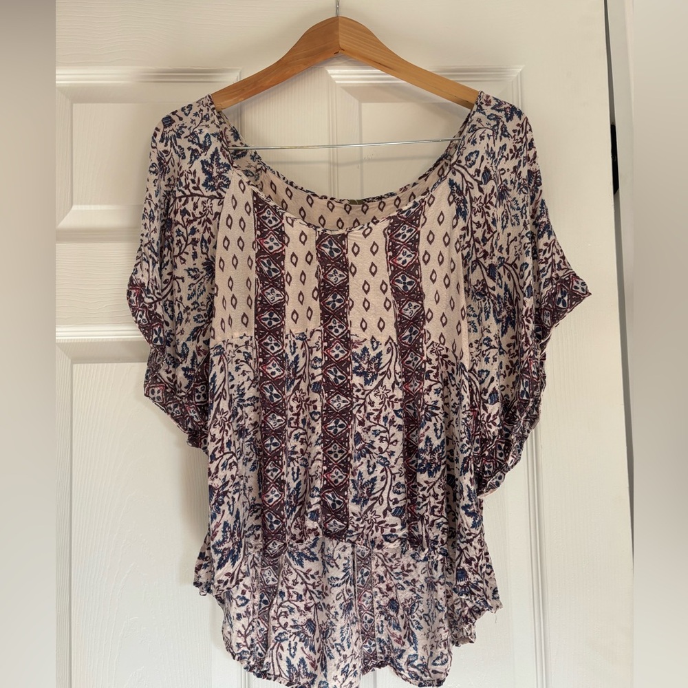 Free People Cream Top with Navy and Burgundy Print
